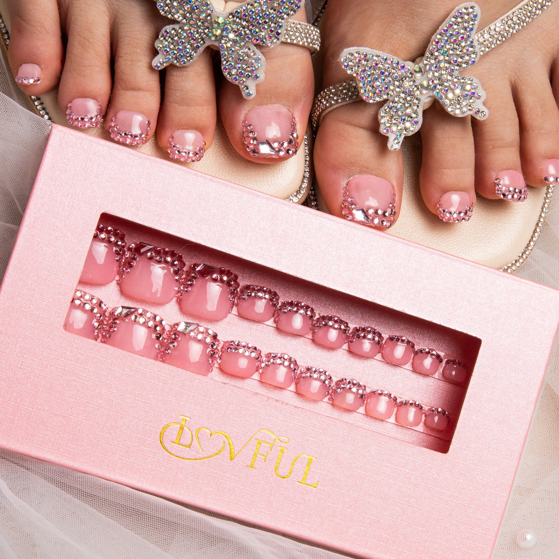 pink rhinestone pedicure