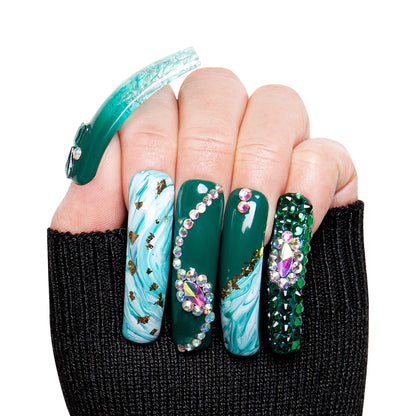 Emerald Envy Blue Handmade Nails H109