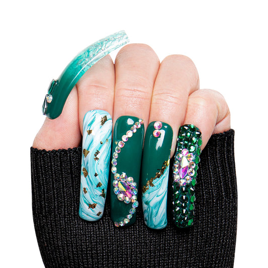 Emerald Envy Blue Handmade Nails H109