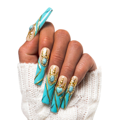 Turquoise Blue French Tip Handmade Nails H122