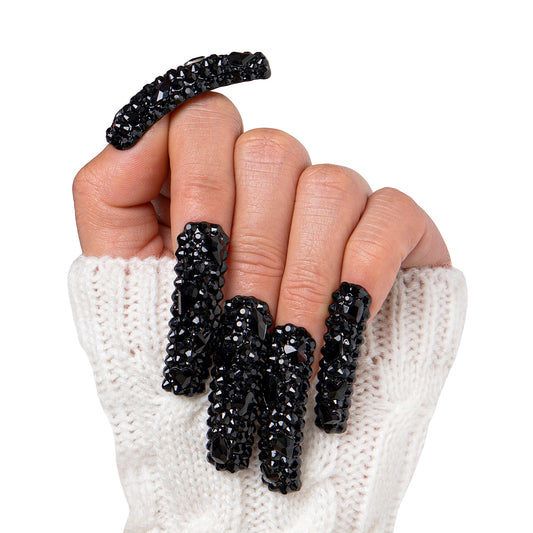 Classic Black Rhinestone Handmade Nails H146