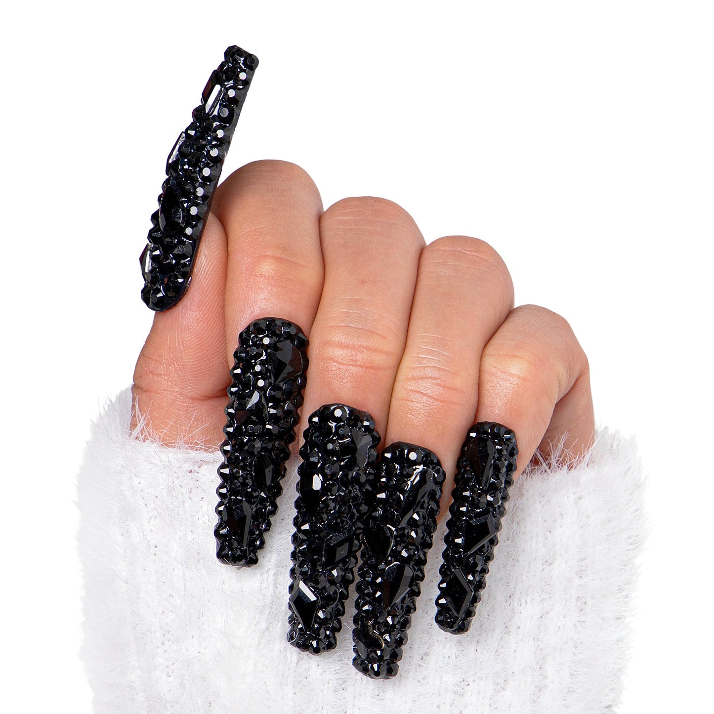 Classic Black Rhinestone Handmade Nails H146