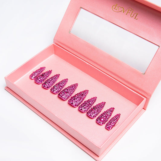Classic Pink Rhinestone Handmade Nails H150