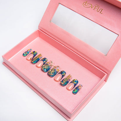 Cancer Blue French Tip Handmade Nails H188