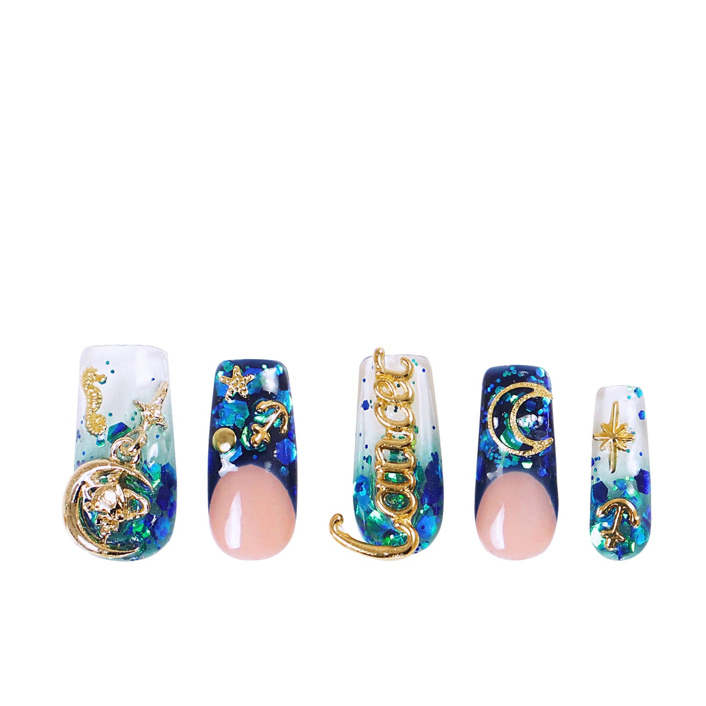 Cancer Blue French Tip Handmade Nails H188
