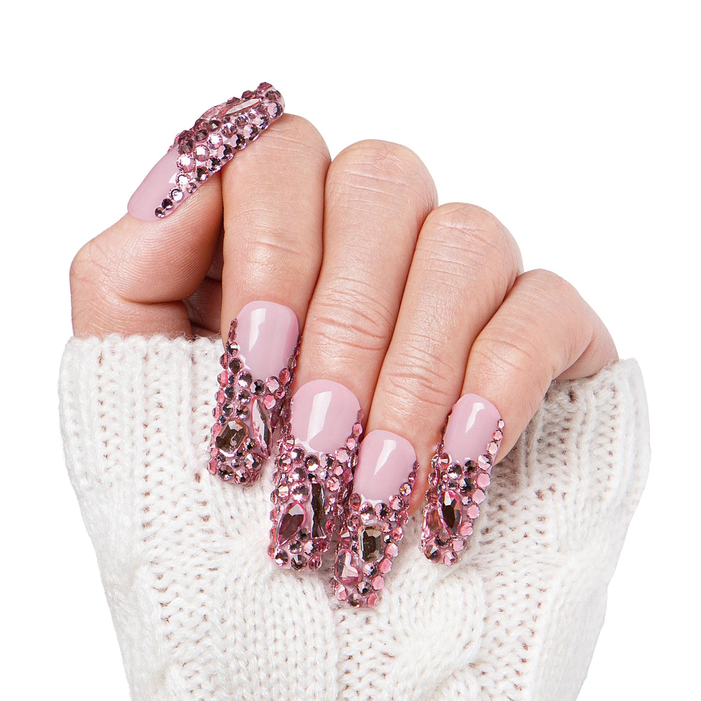Pink French Tip Rhinestone Handmade Nails H27