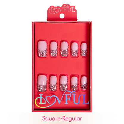 Pink French Tip Rhinestone Handmade Nails H27