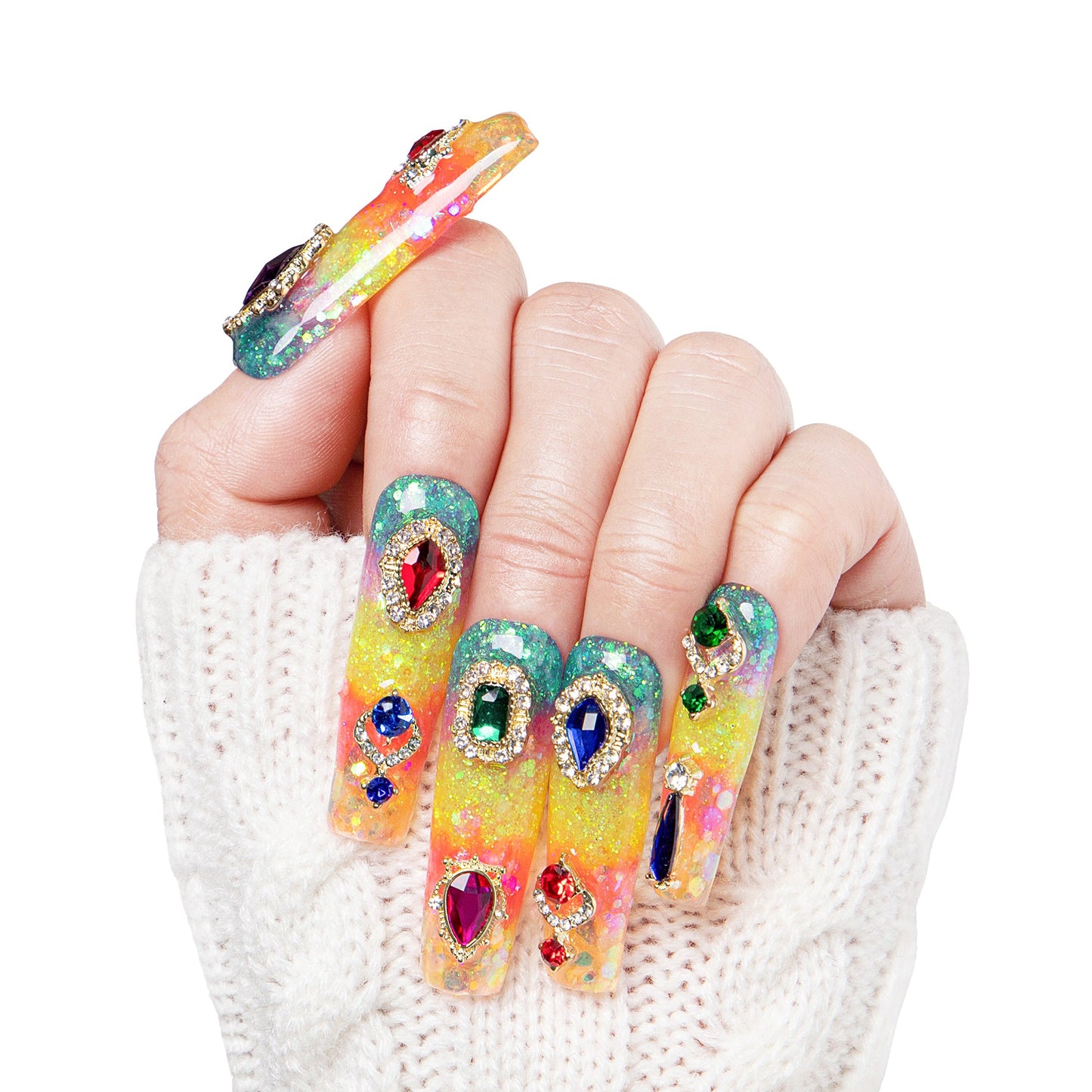 Coral Dream Rhinestone Handmade Nails H59