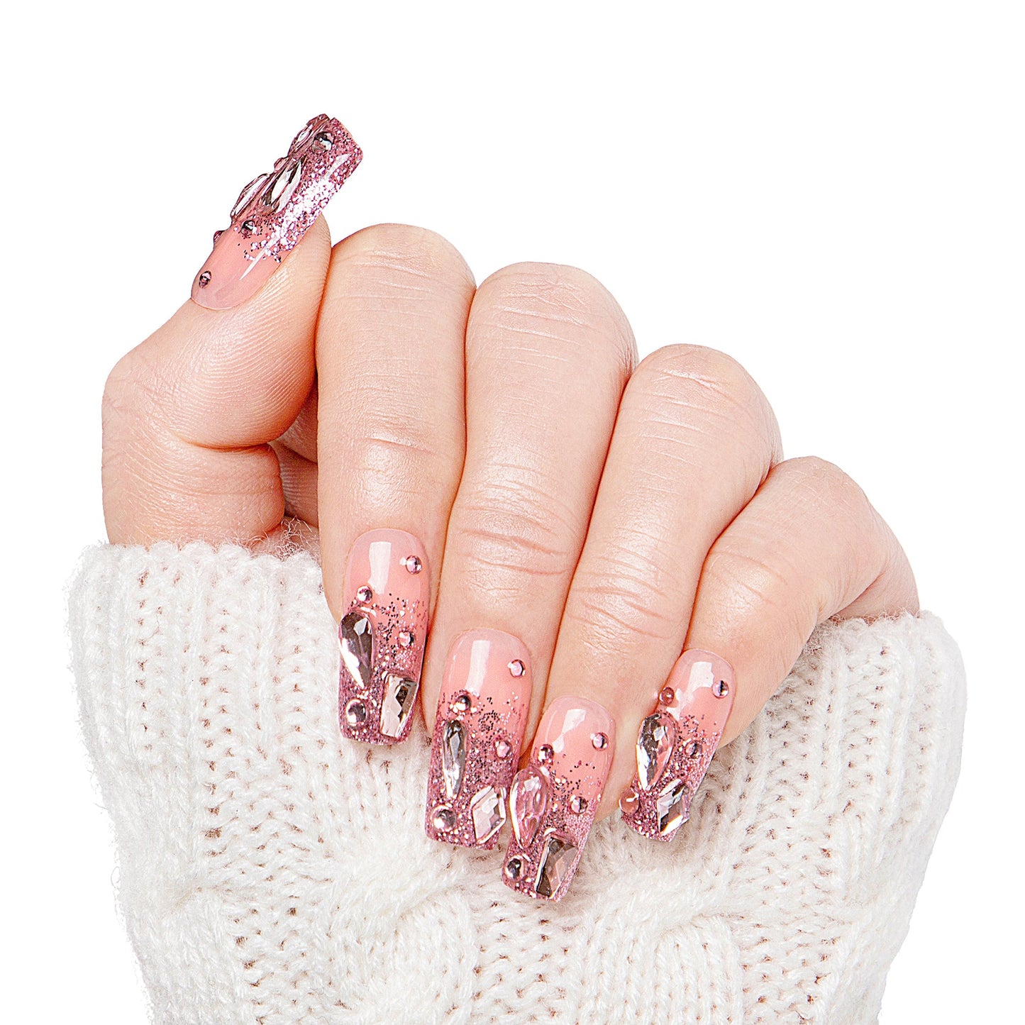 Pink Glitter Handmade Nails H60