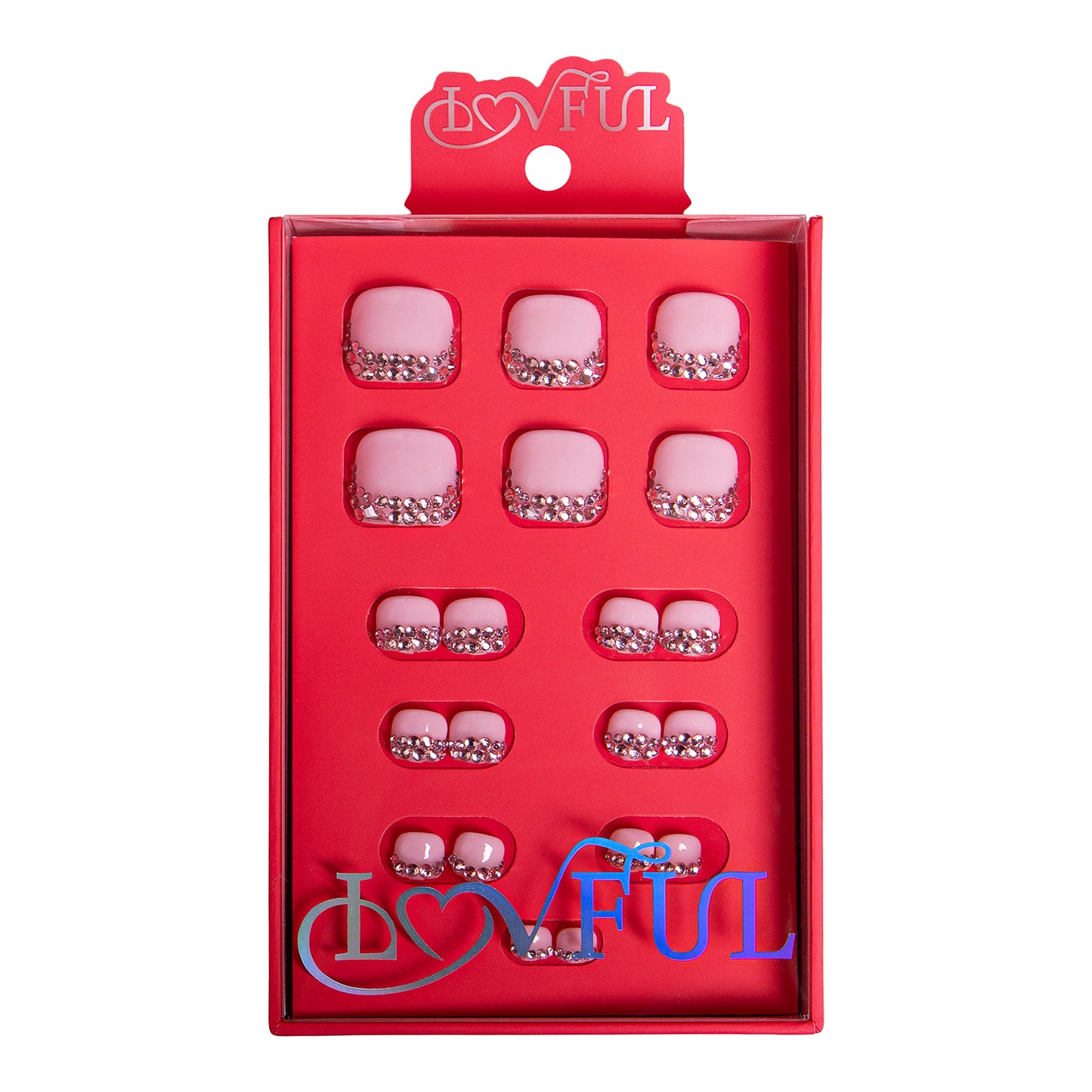 T27 - Pink French Tip Rhinestone - 20 Pcs FREE SIZE Toe Nails