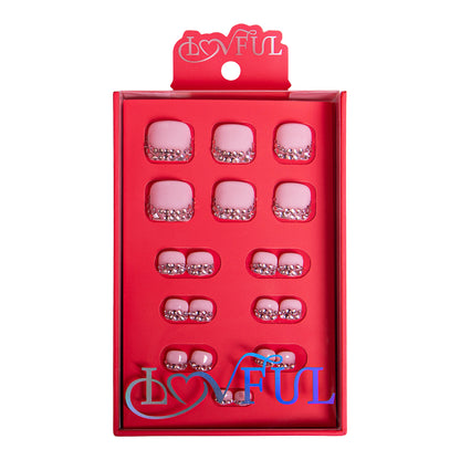 T27 - Pink French Tip Rhinestone - 20 Pcs FREE SIZE Toe Nails